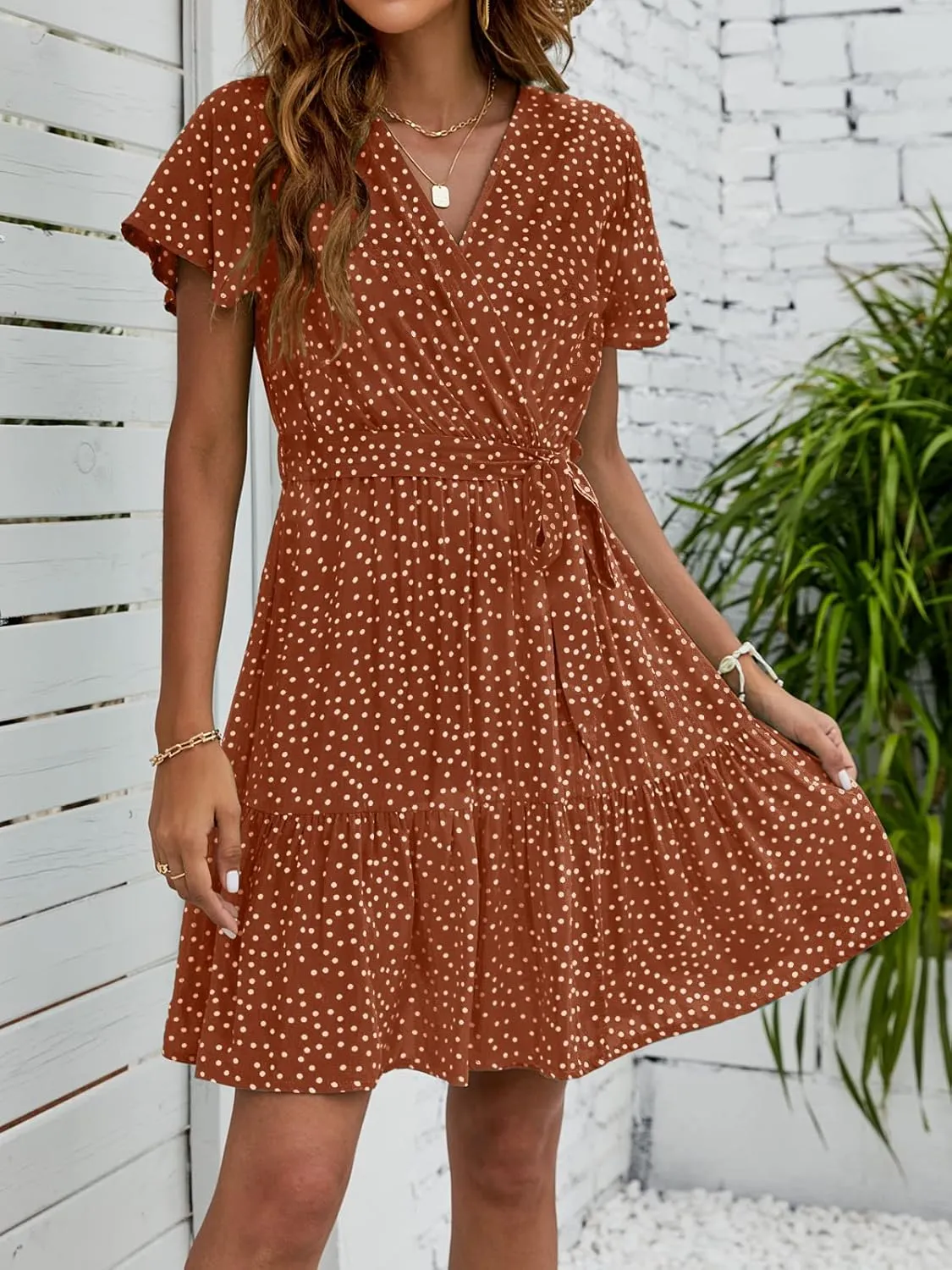 ZESICA Women's Summer Wrap V Neck Bohemian Floral Print Ruffle Swing A Line Beach Mini Dress