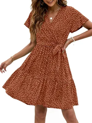 ZESICA Women's Summer Wrap V Neck Bohemian Floral Print Ruffle Swing A Line Beach Mini Dress