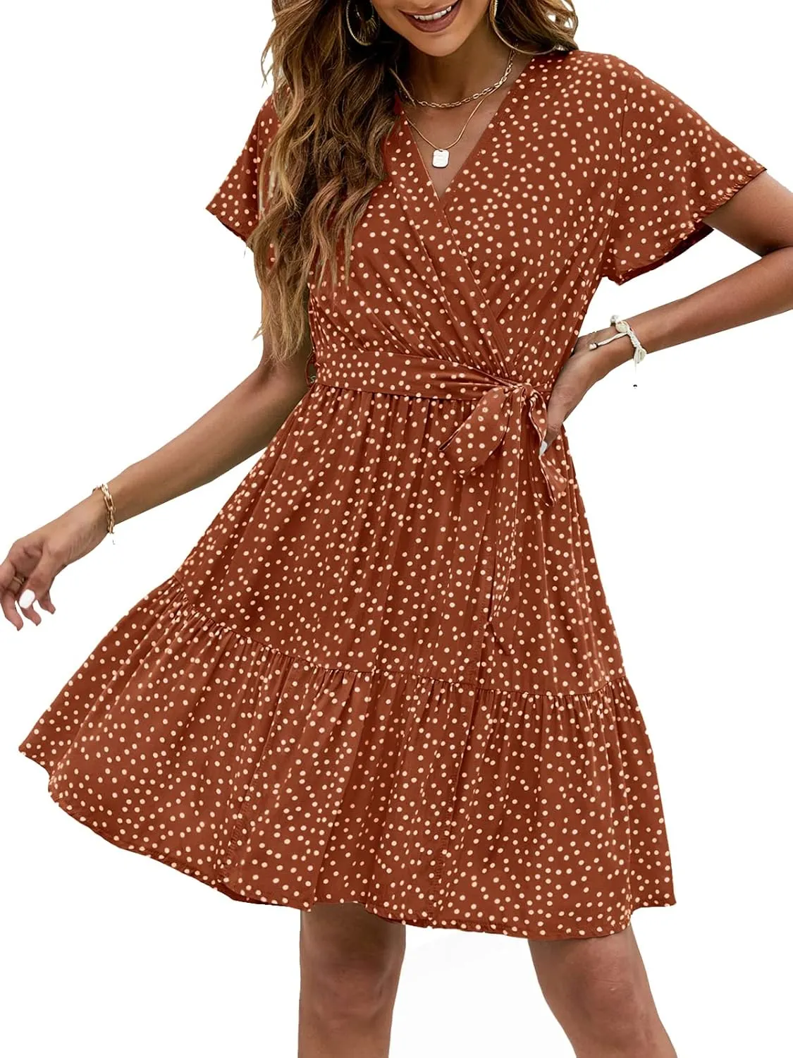 ZESICA Women's Summer Wrap V Neck Bohemian Floral Print Ruffle Swing A Line Beach Mini Dress